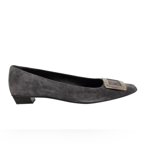 Roger Vivier Shoes - ROGER VIVIER Grey Suede Belle Vivier Buckle Heeled Flats